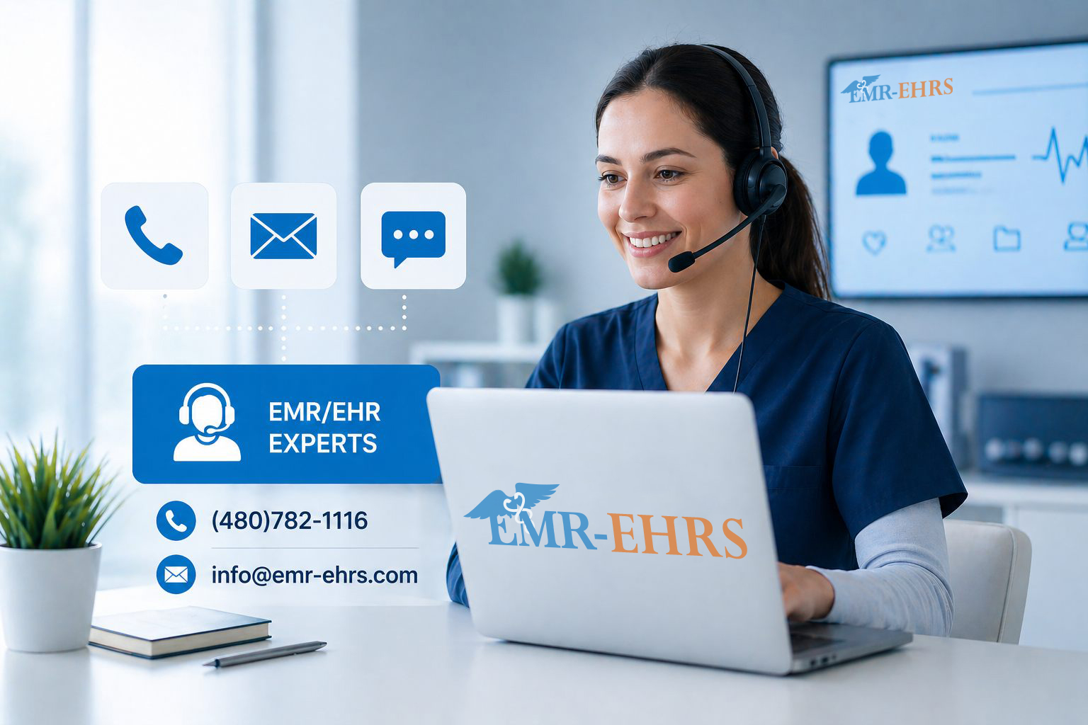 EMR EHR contact support specialist with phone, email, and message options