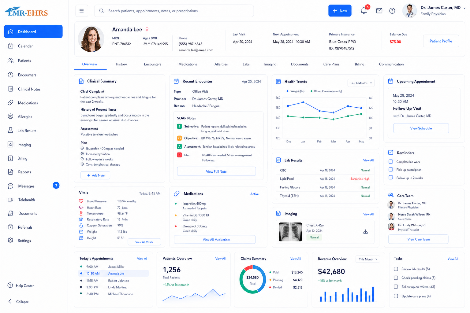 Electronic medical records software dashboard showing patient charts, clinical notes, medications, labs and care workflows