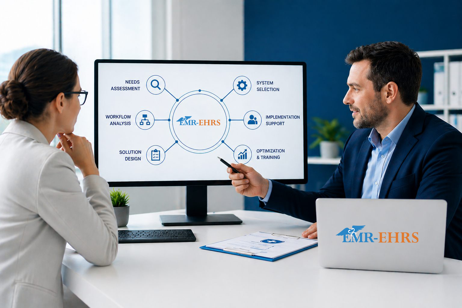 EMR consulting services planning session with workflow analysis, system selection, implementation support, optimization, and training
