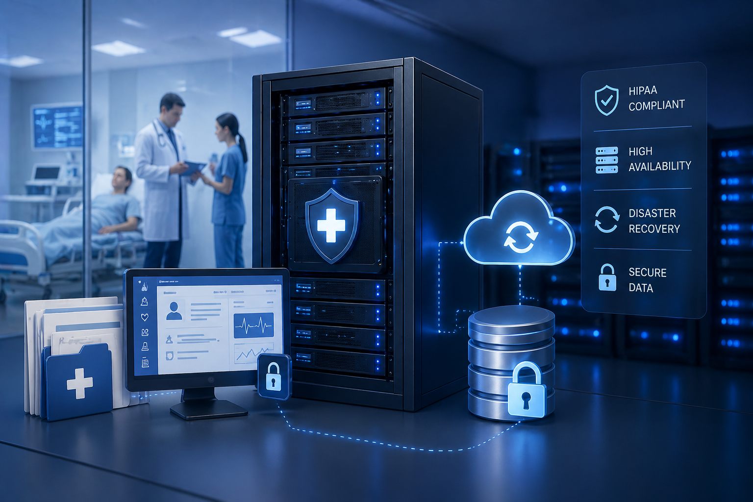 Secure EMR medical server infrastructure with HIPAA, high availability, disaster recovery, and secure data features