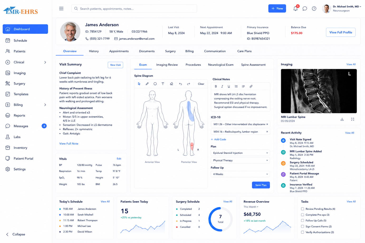 Neurosurgery EMR dashboard with patient chart, spine assessment, imaging review, surgery schedule, tasks, and revenue overview