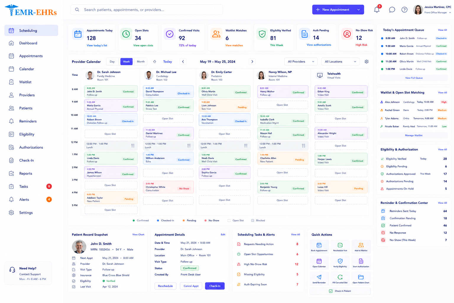 Patient Scheduling Software dashboard for provider calendars, appointment queues, waitlists, eligibility, authorizations, reminders, and scheduling tasks