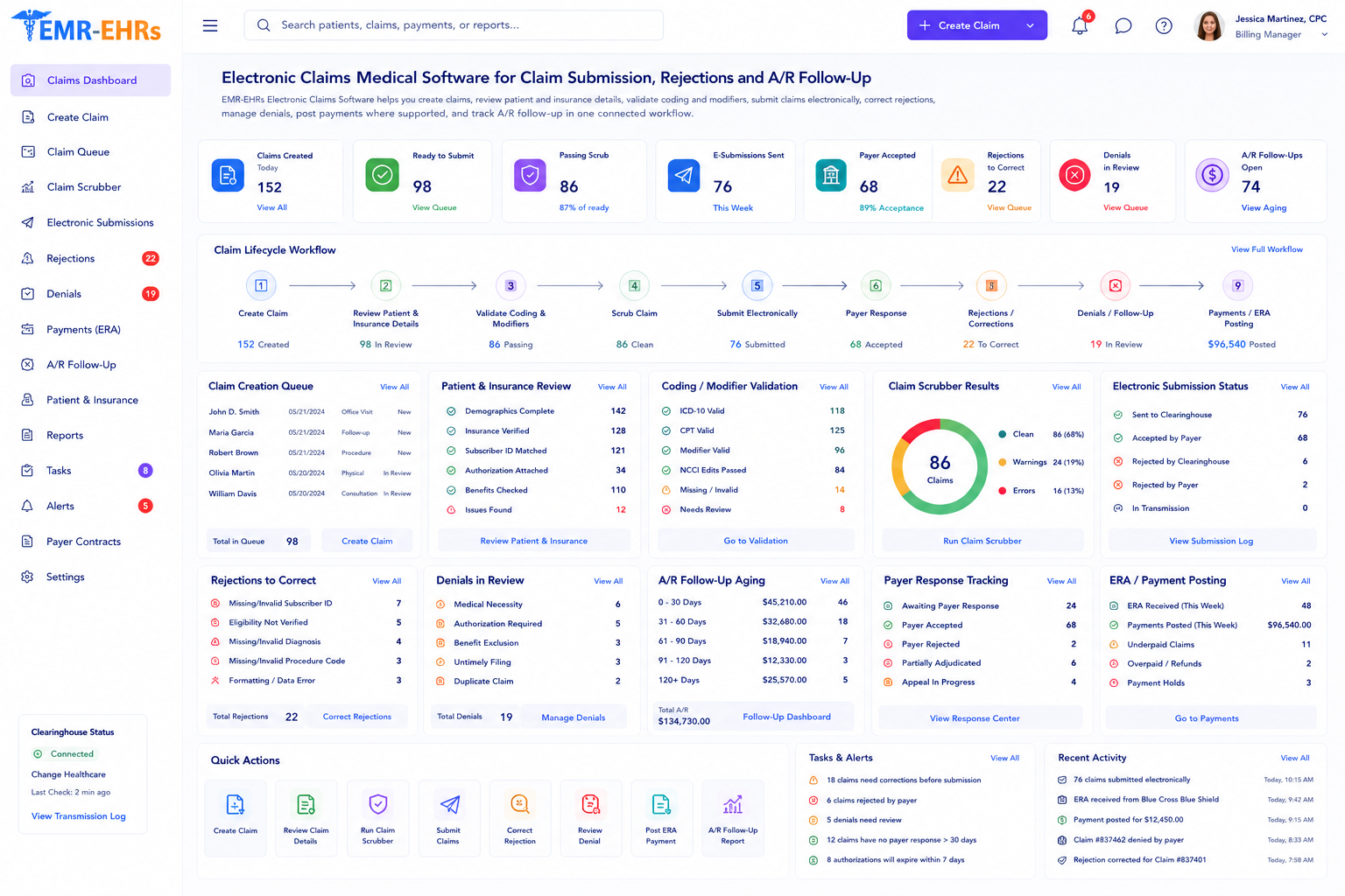 Electronic claims dashboard connected to EHR billing workflows