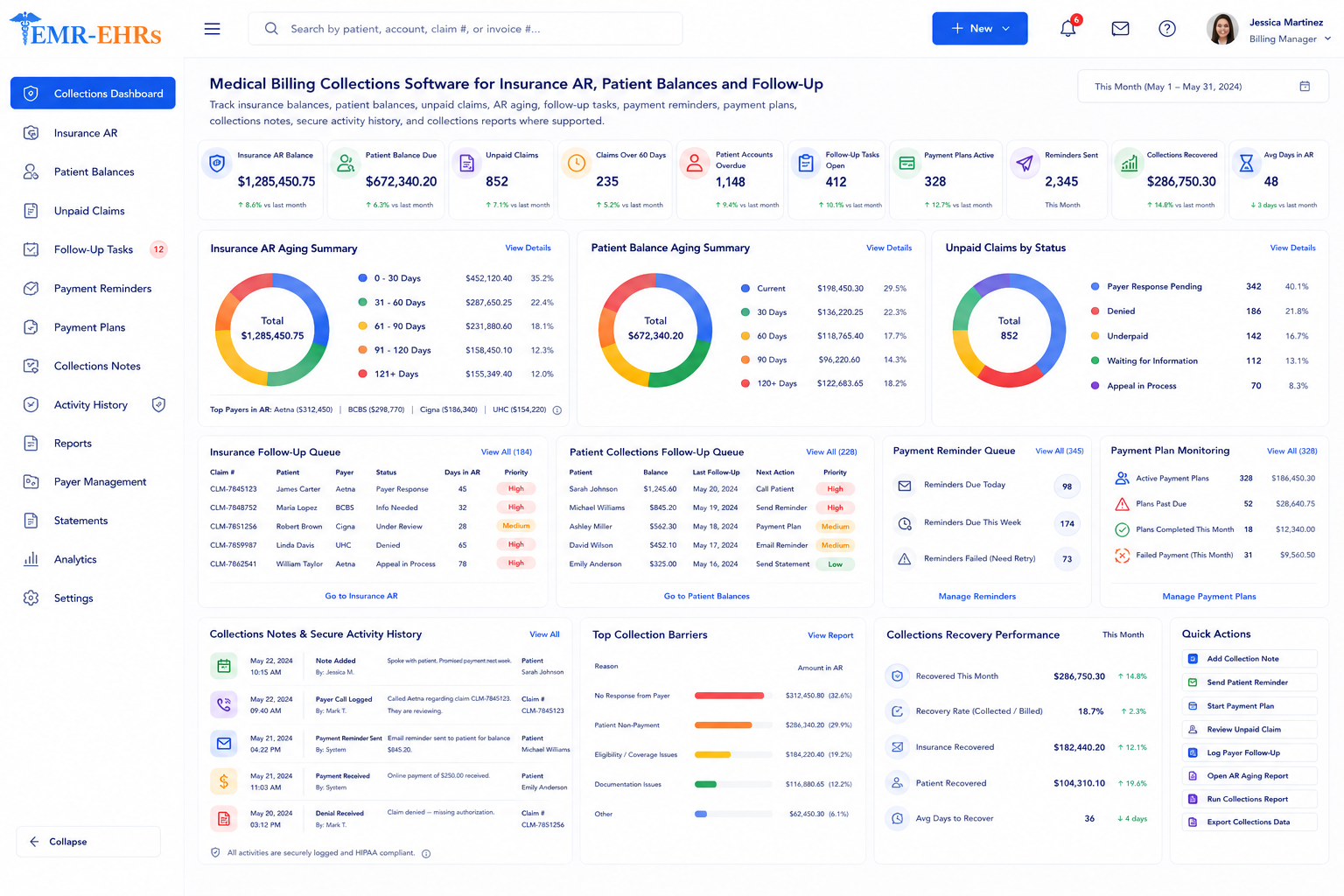 Medical Billing Collections Software dashboard for insurance AR, patient balances, unpaid claims, payment reminders, payment plans, follow-up tasks, and collections reports