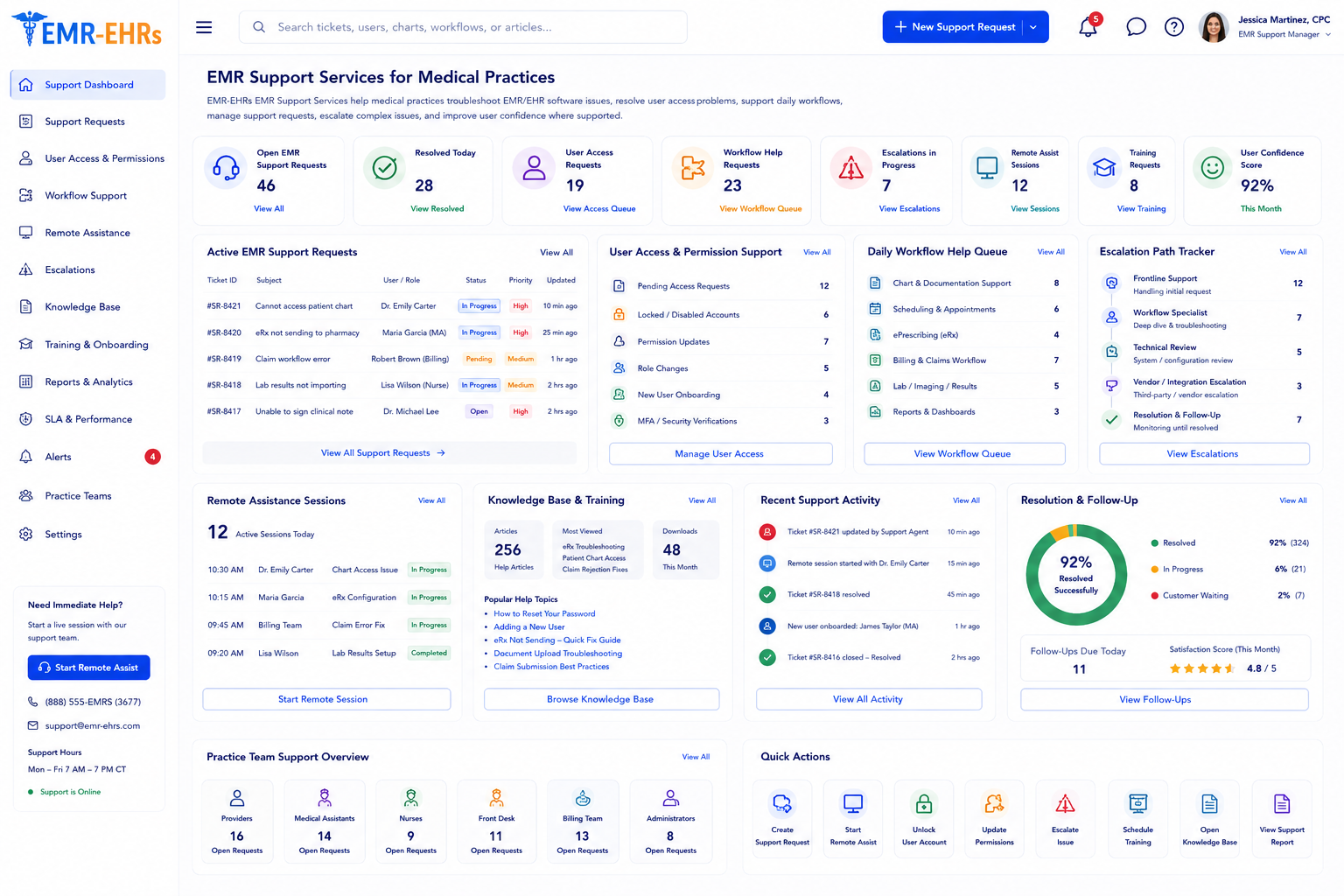 EMR Support Services dashboard for support requests, user access, workflow help, escalations, remote assistance, training, activity, and follow-up