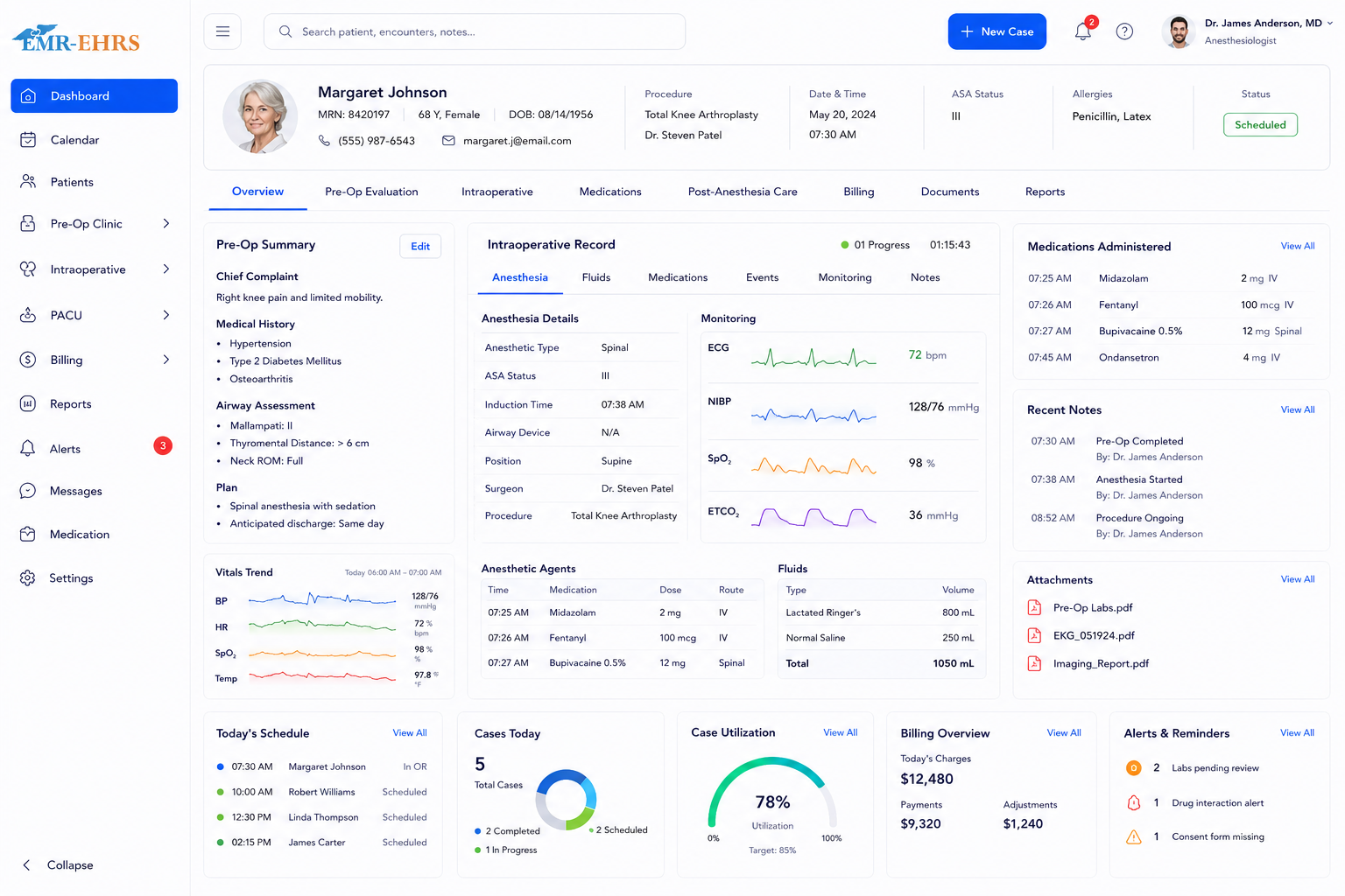 Anesthesiology EMR dashboard preview