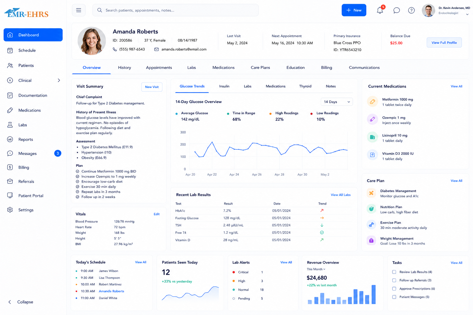 Diabetology and Endocrinology EMR dashboard preview