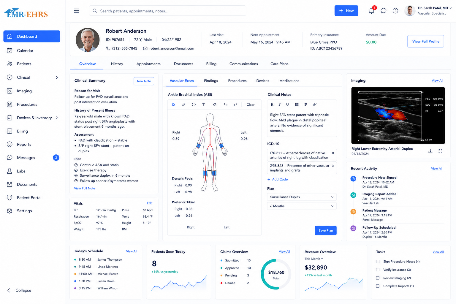 Endovascular EHR dashboard preview