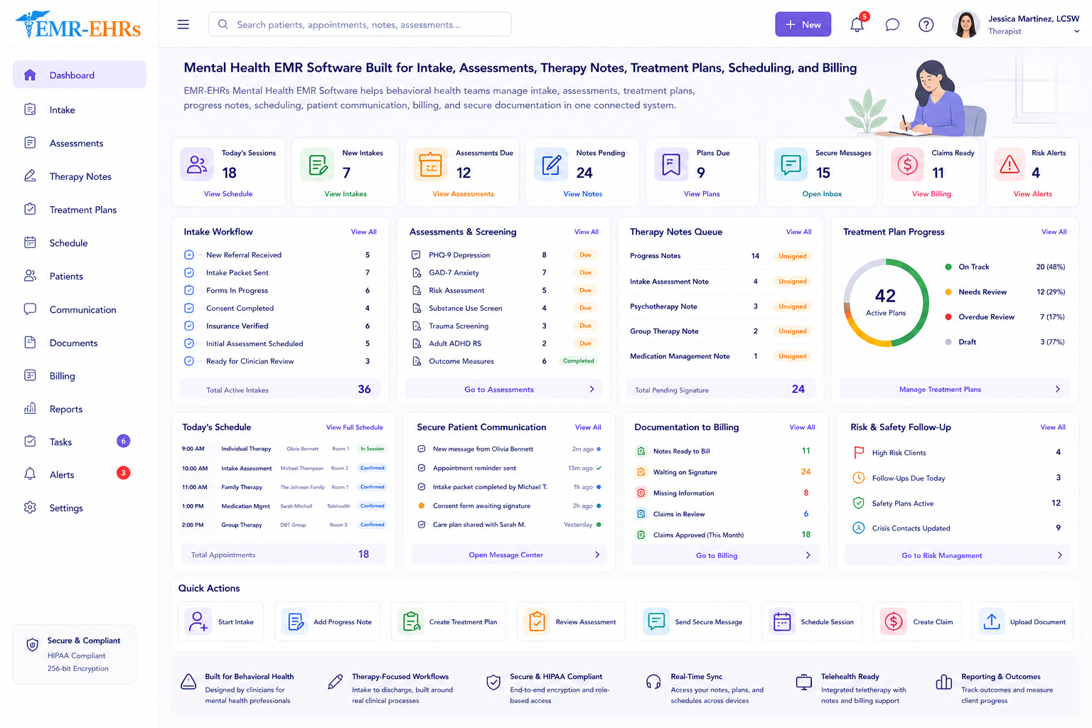Mental Health EMR dashboard for intake, assessments, therapy notes, treatment plans, scheduling, secure messages, billing, risk alerts, and reports