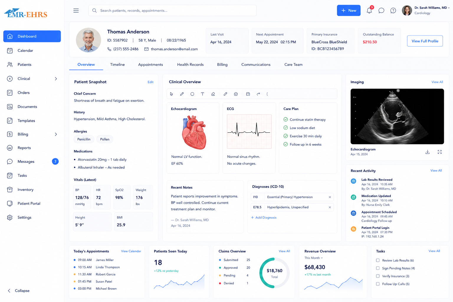 Multi-Specialty EHR dashboard preview