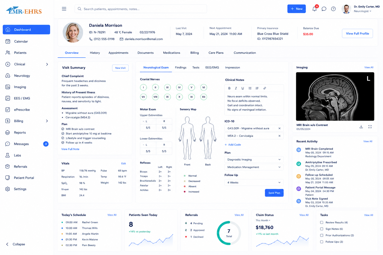 Neurology EHR dashboard preview