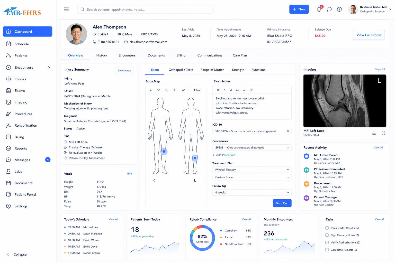 Orthopedic Sports Medicine EMR dashboard preview