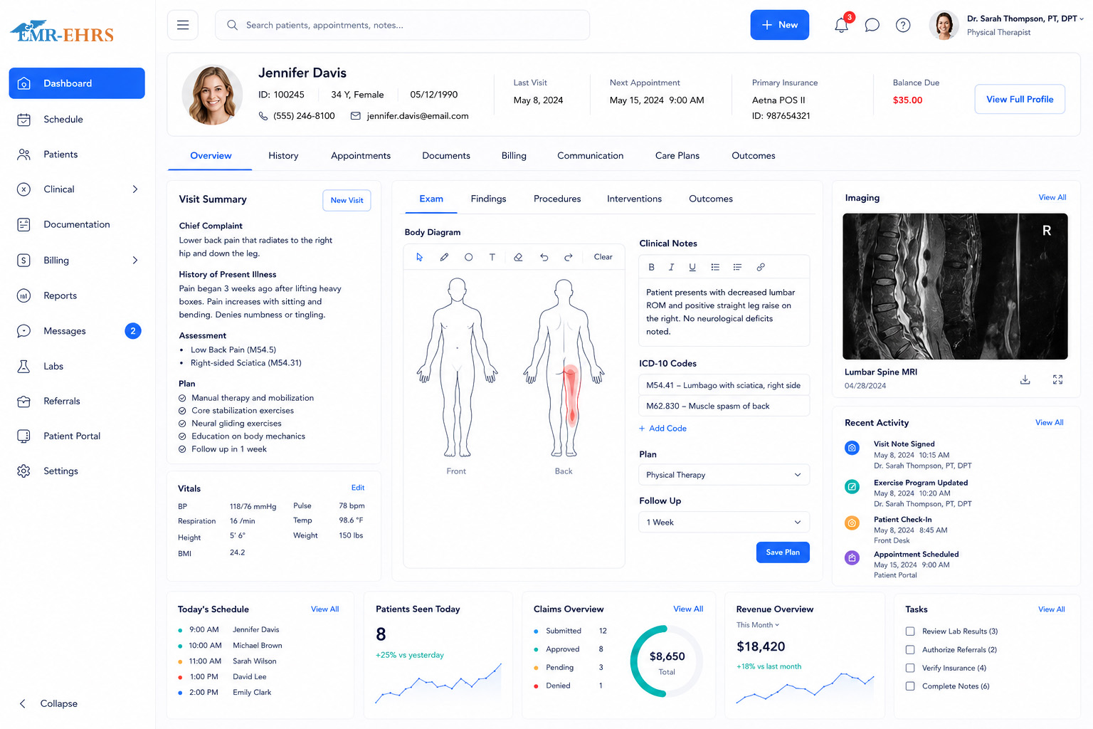 Physical Therapy EMR dashboard preview