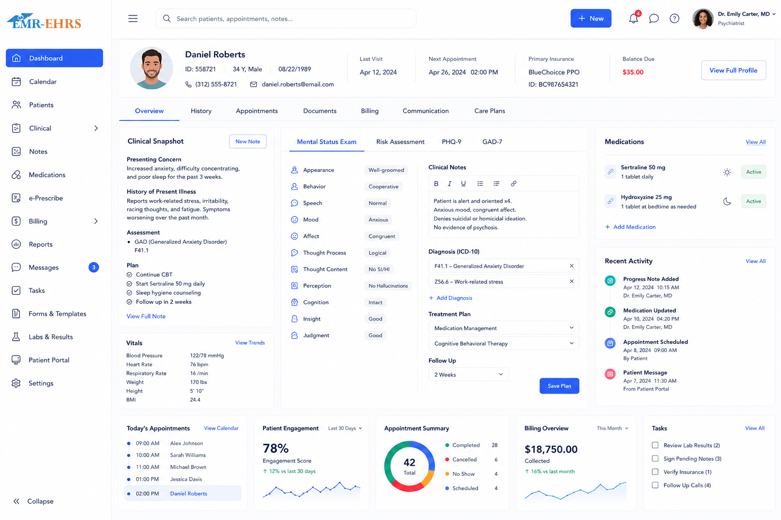Psychiatry EMR dashboard preview
